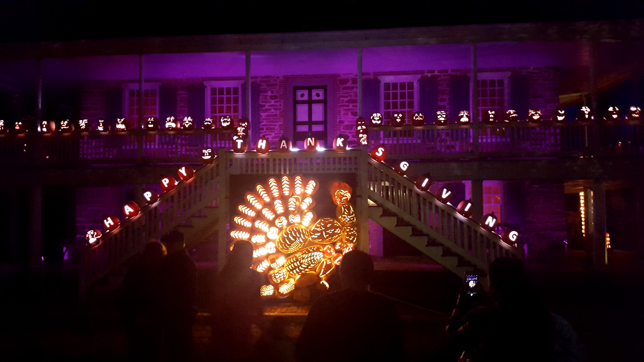 A turkey-shaped pumpkin installation glowing outside Van Cortlandt Manor at the 2017 Great Jack O'Lantern Blaze