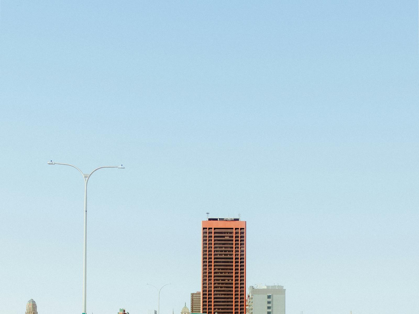 Buffalo skyline viewed from a highway on a clear day