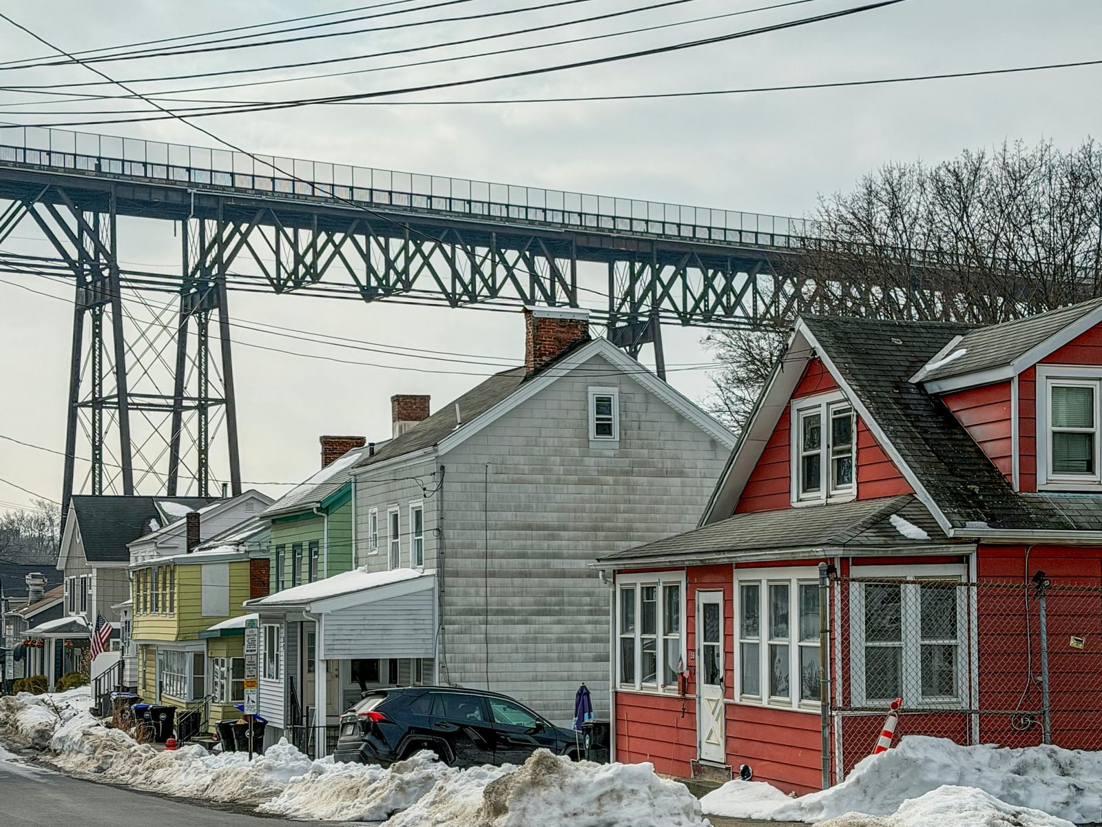 Poughkeepsie houses below the Walkway Over the Hudson bridge in winter
